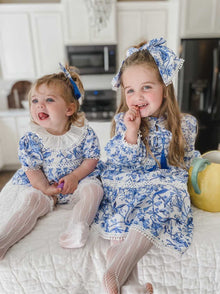 Girl | Jaylin Linen Blue and White Long Sleeve Dress