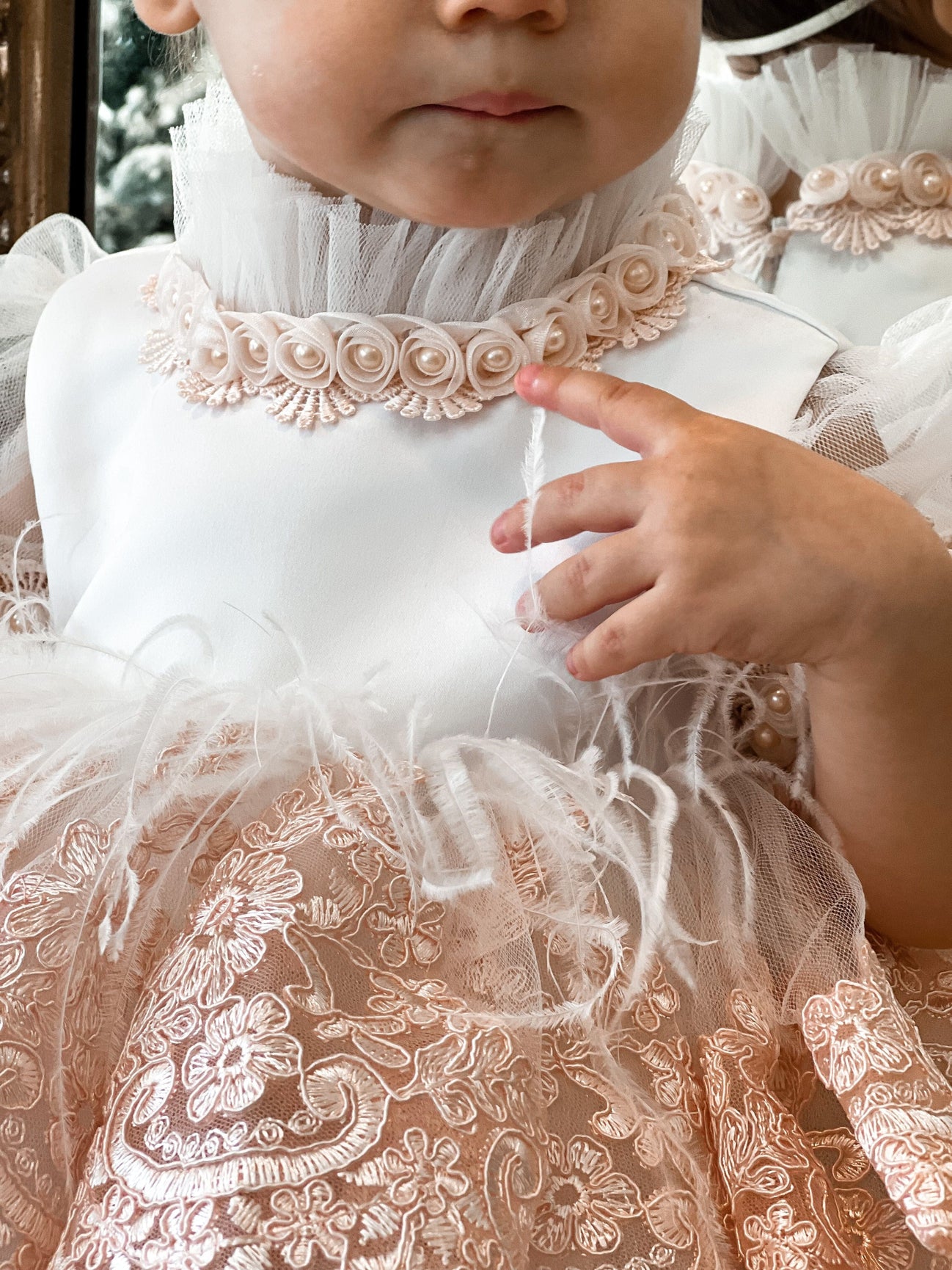 Girl | Laila Embroidered Feather Dress | White x Pink