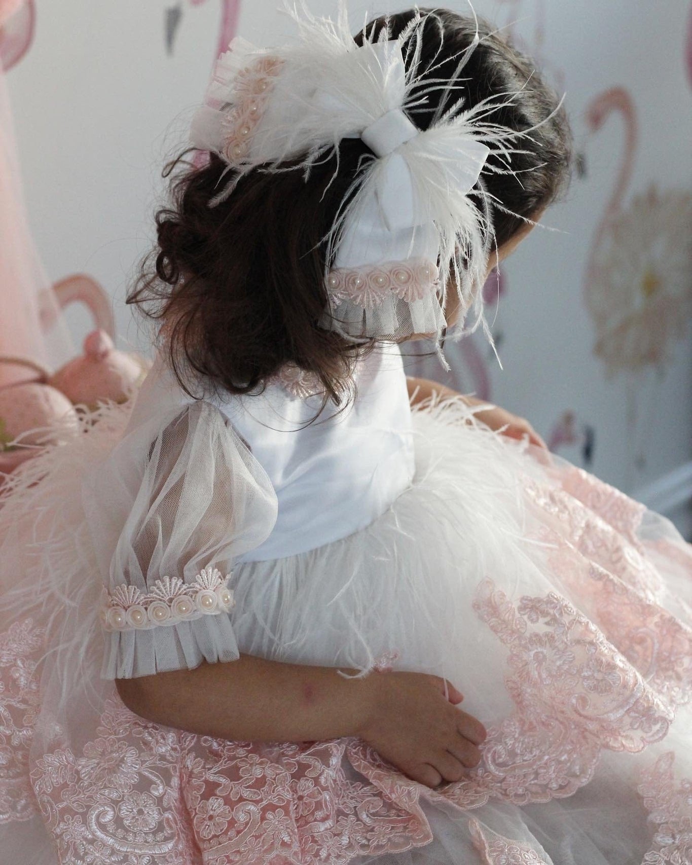 Girl | Laila Embroidered Feather Dress | White x Pink
