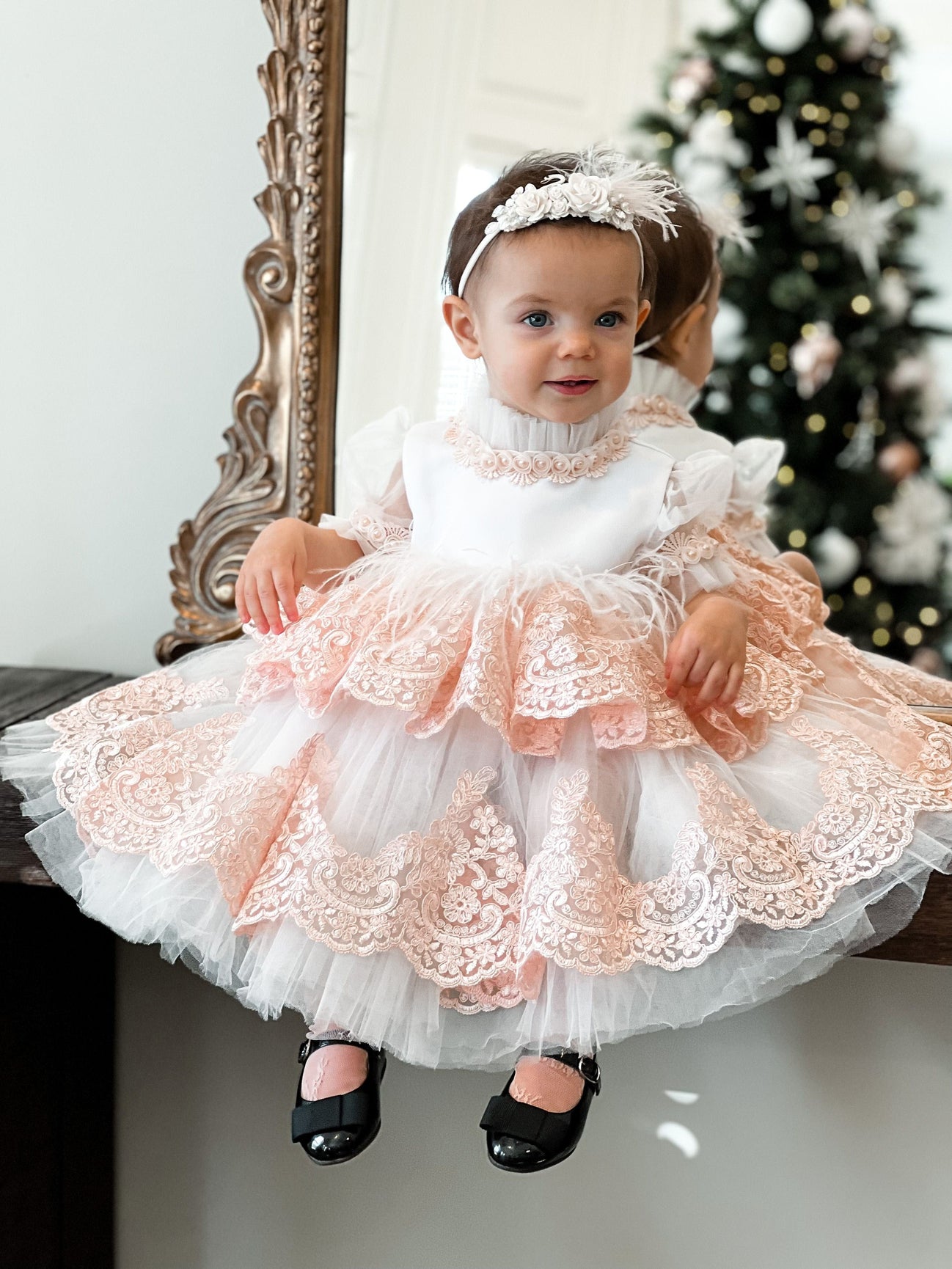 Girl | Laila Embroidered Feather Dress | White x Pink