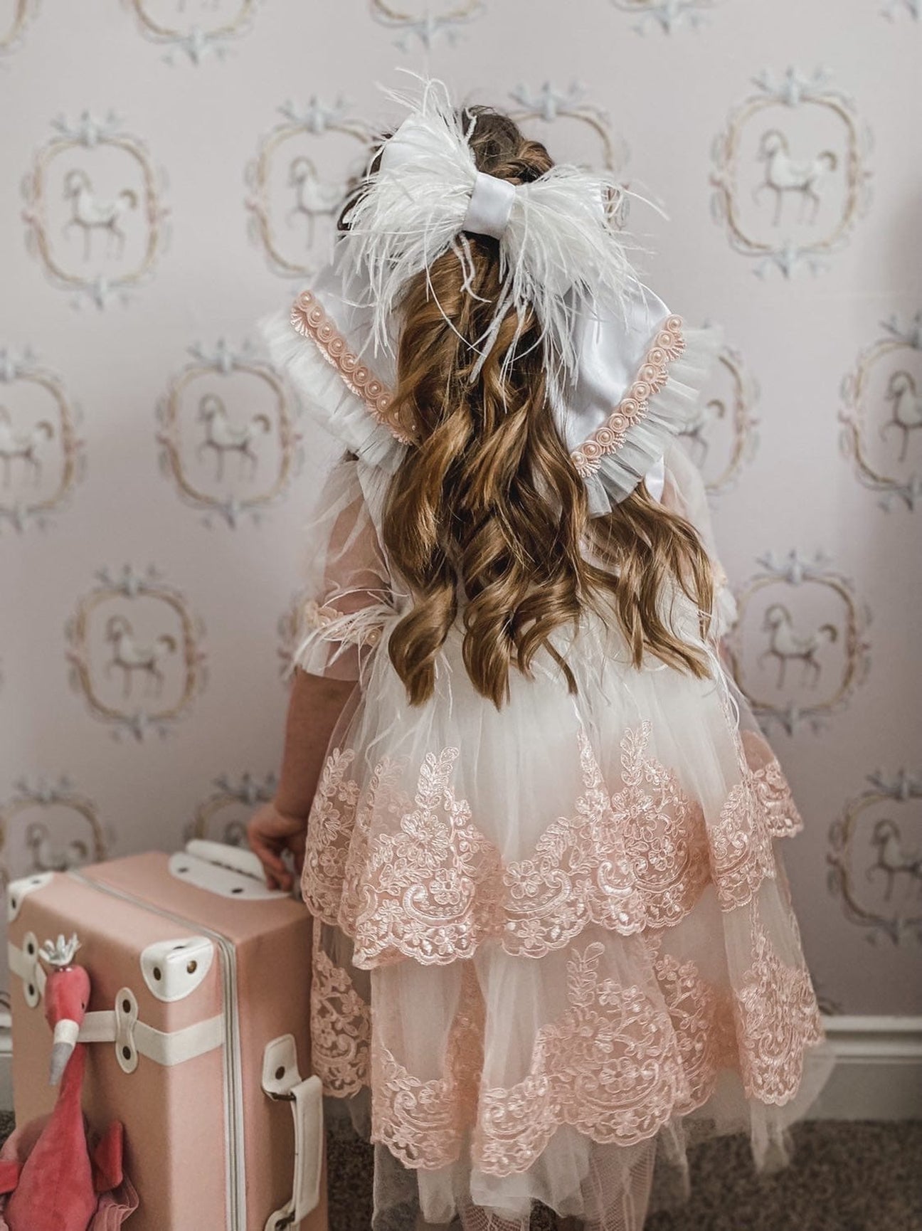 Girl | Laila Embroidered Feather Dress | White x Pink