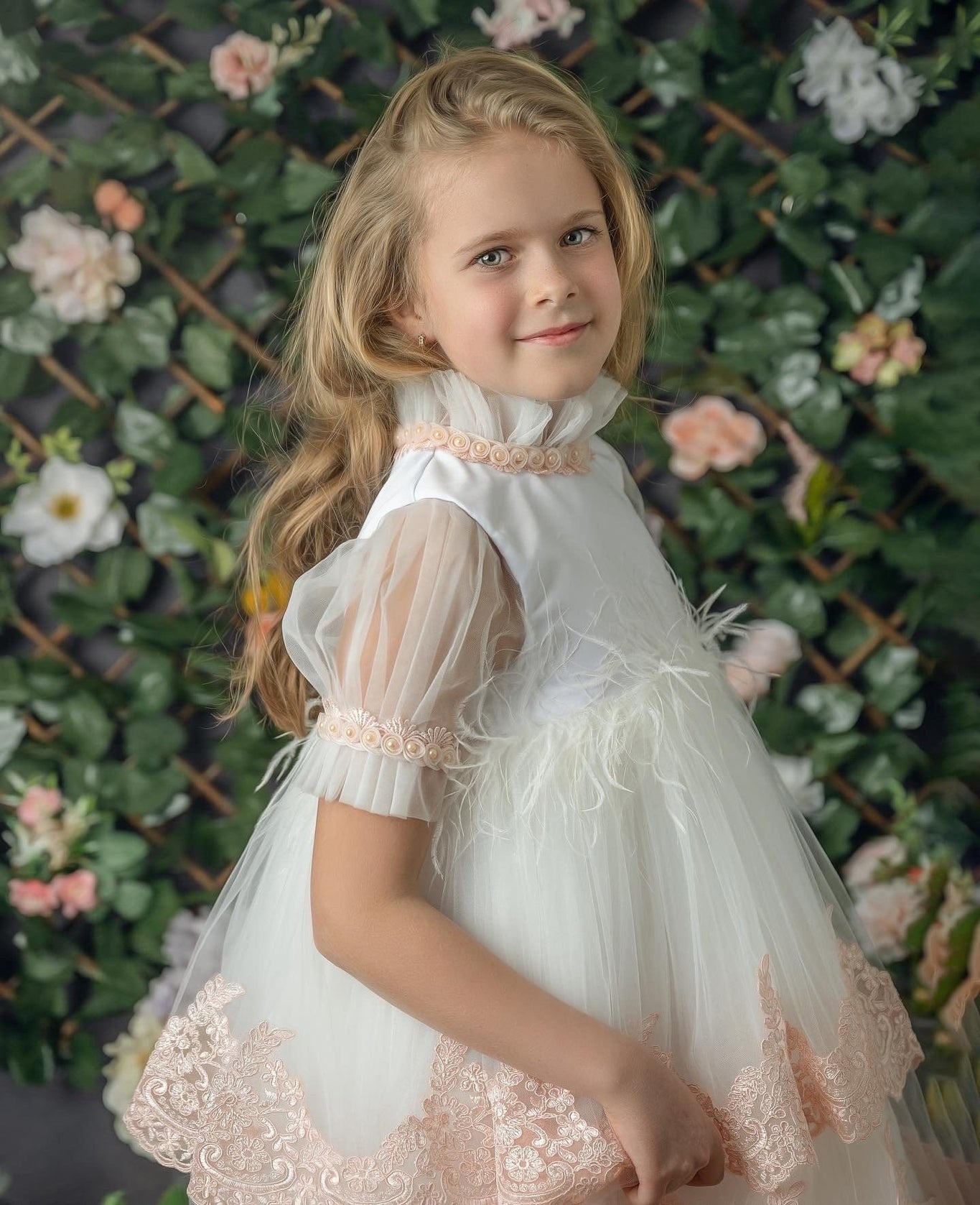 Girl | Laila Embroidered Feather Dress | White x Pink