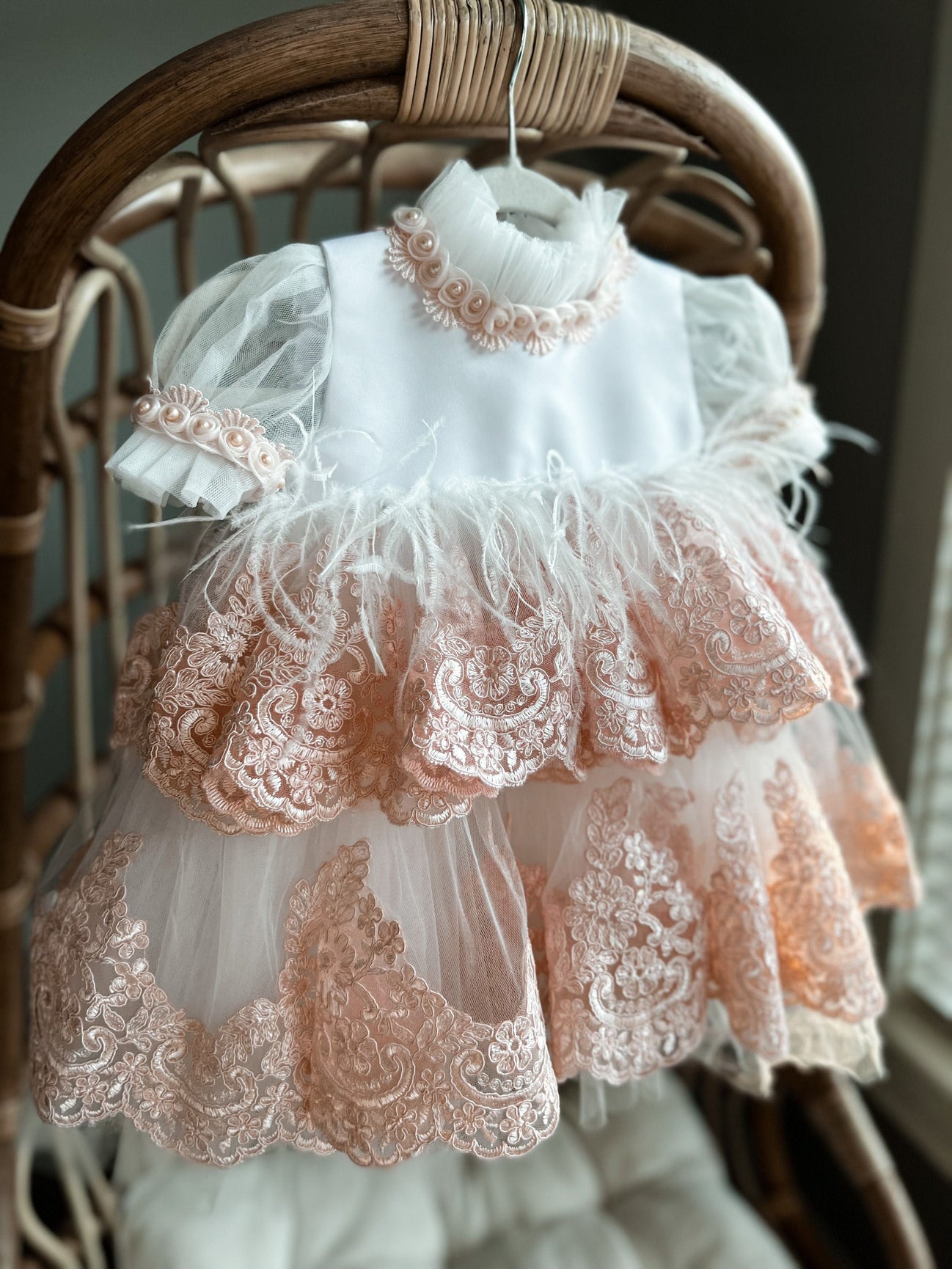 Girl | Laila Embroidered Feather Dress | White x Pink