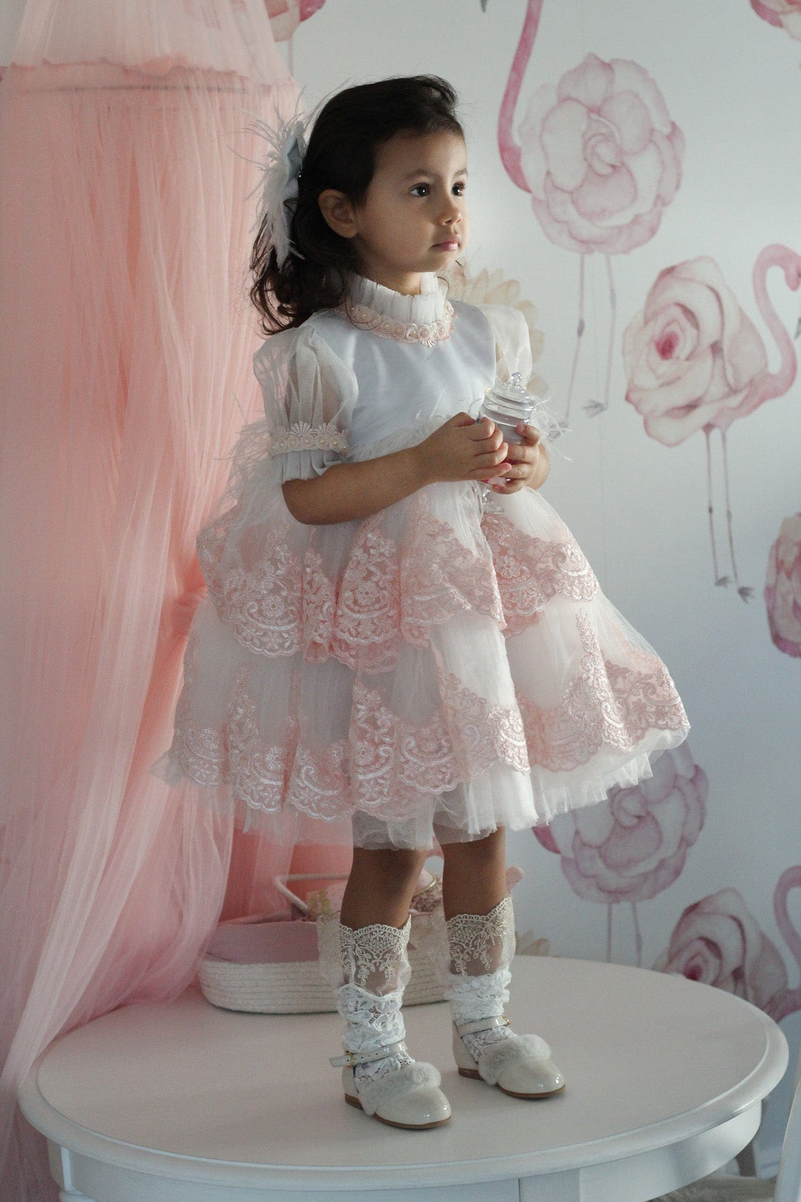 Girl | Laila Embroidered Feather Dress | White x Pink