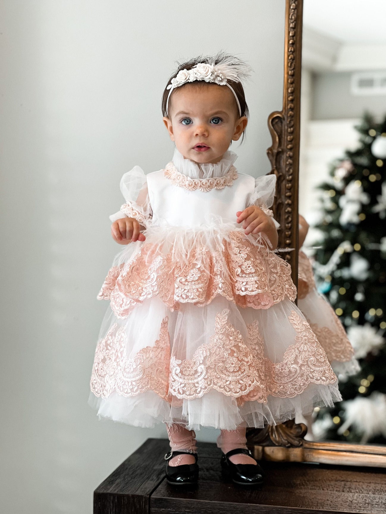 Girl | Laila Embroidered Feather Dress | White x Pink