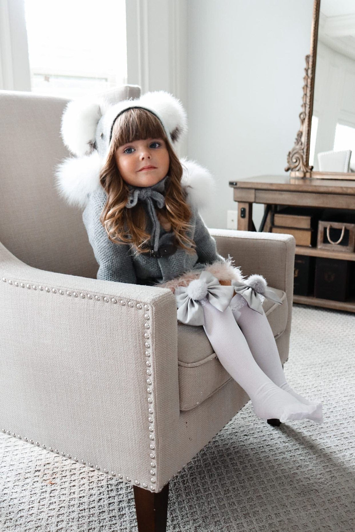 Girl | Lana Ruffle Socks with Poms and Bows Bow | White x Silver