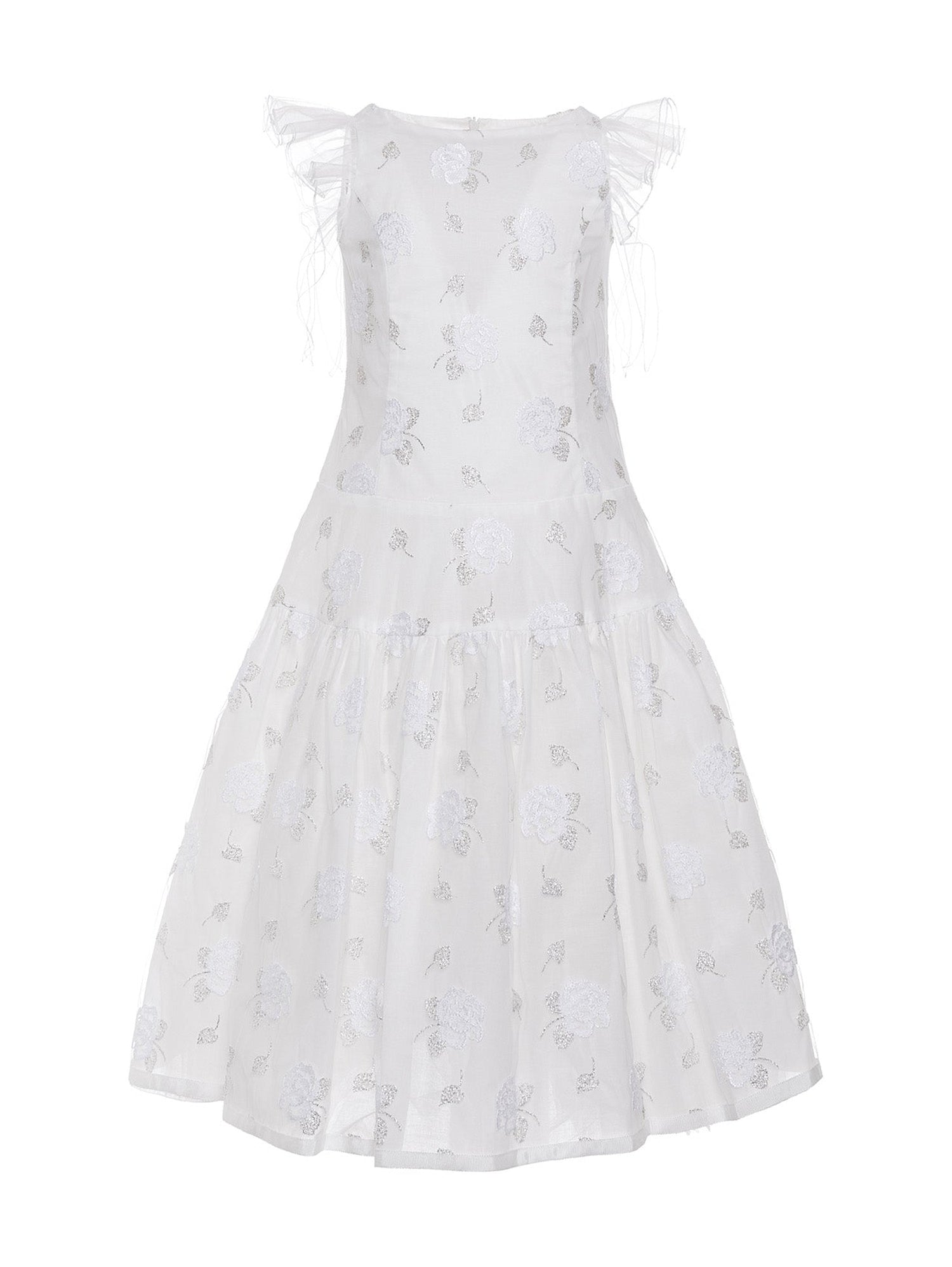 Girls | Rose Embroidered Tulle Dress | Cream/Silver