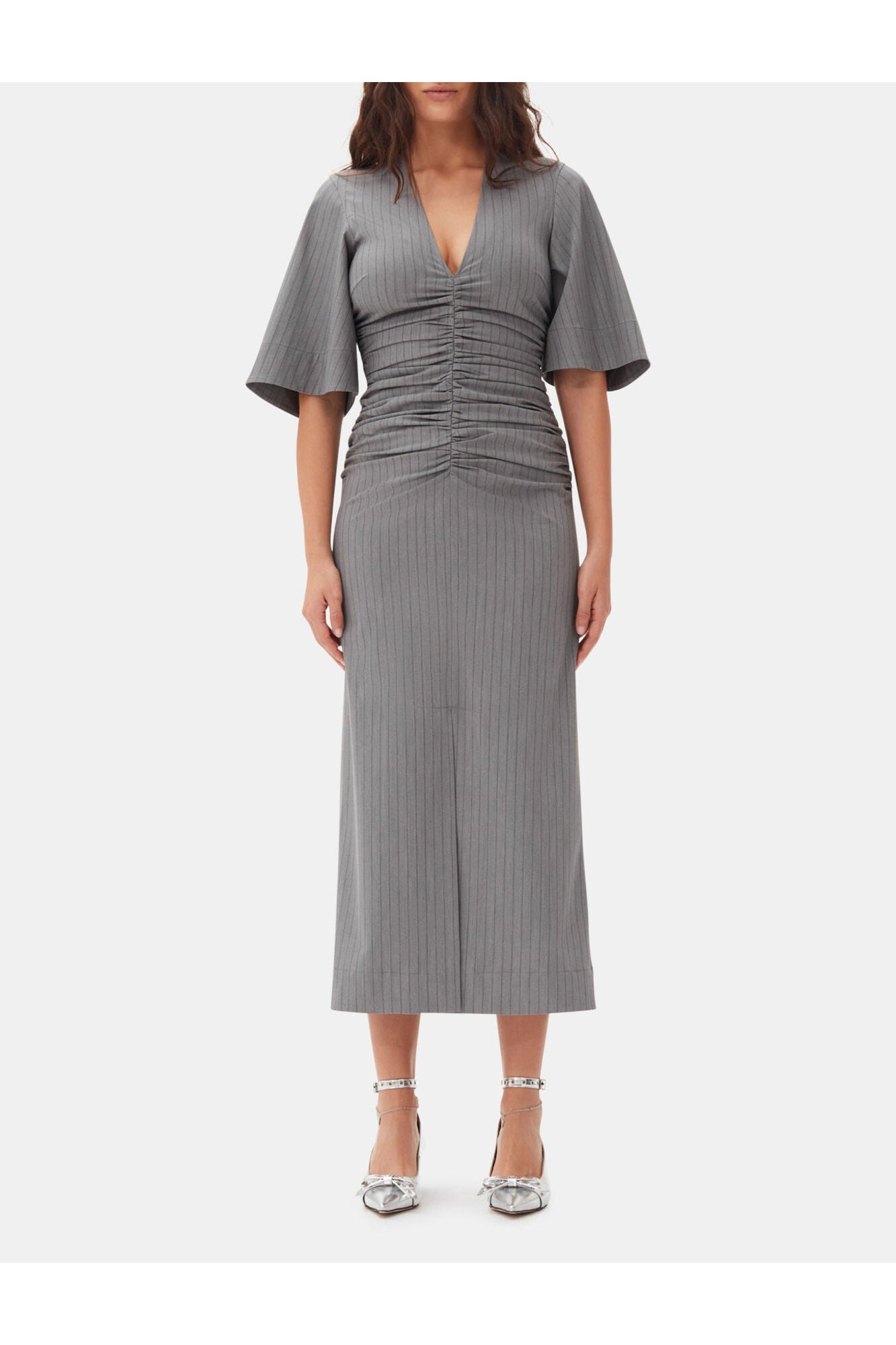 Grey Striped Suiting V neck Fitted Dress | Mirage Gray