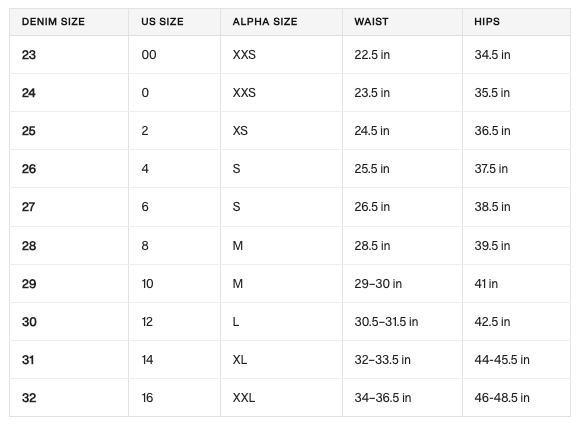 Product size guide