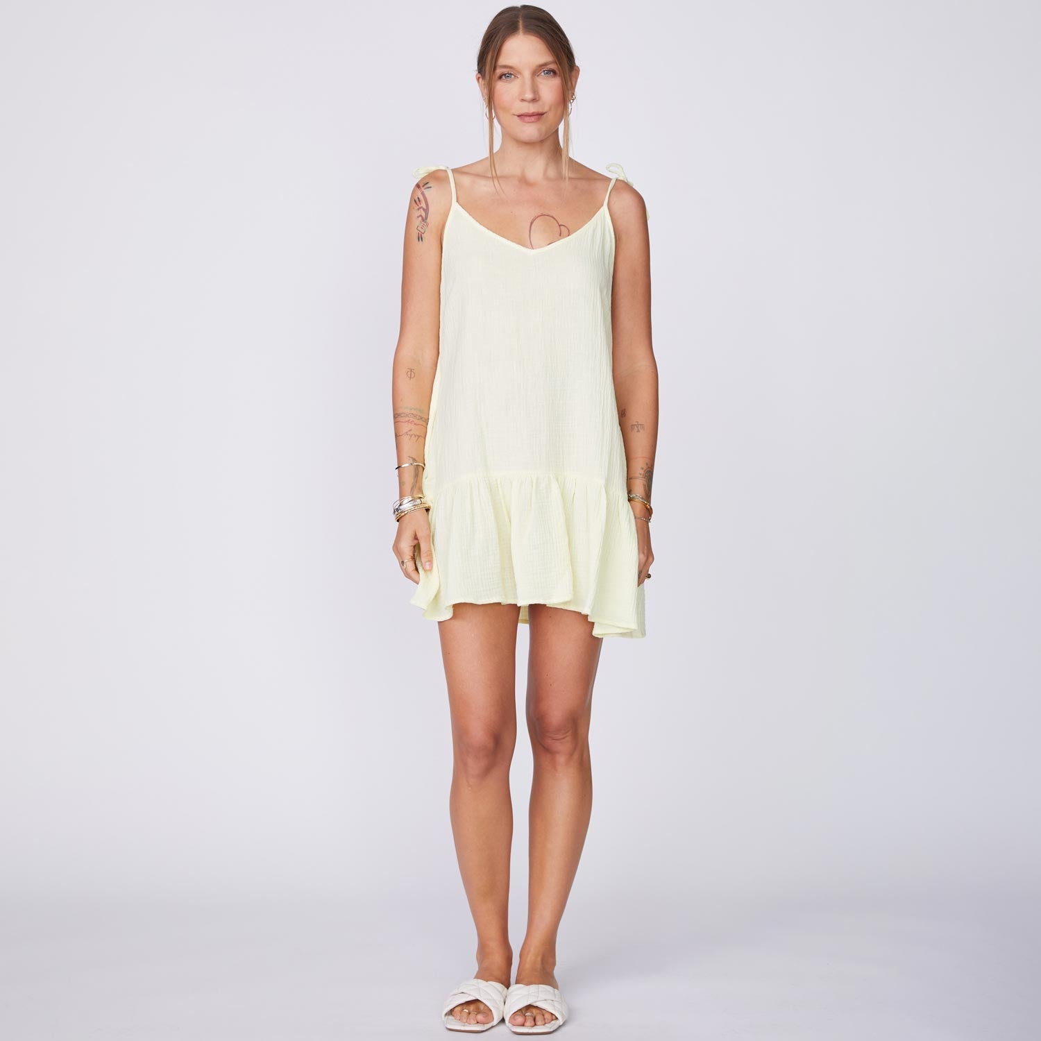 Front View of Model wearing the Gauze Sleeveless Easy Dress in Lemon