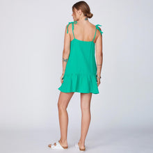 Back View of Model wearing the Gauze Sleeveless Easy Dress in Peacock Green