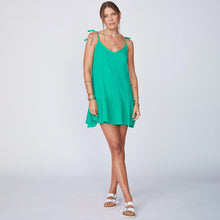 Front View of Model wearing the Gauze Sleeveless Easy Dress in Peacock Green