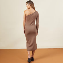 Back view of model wearing the supersoft sweater knit one shoulder dress in dusty cocoa.