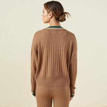 Back view of model wearing the sweater rib oversized cardigan in camel.