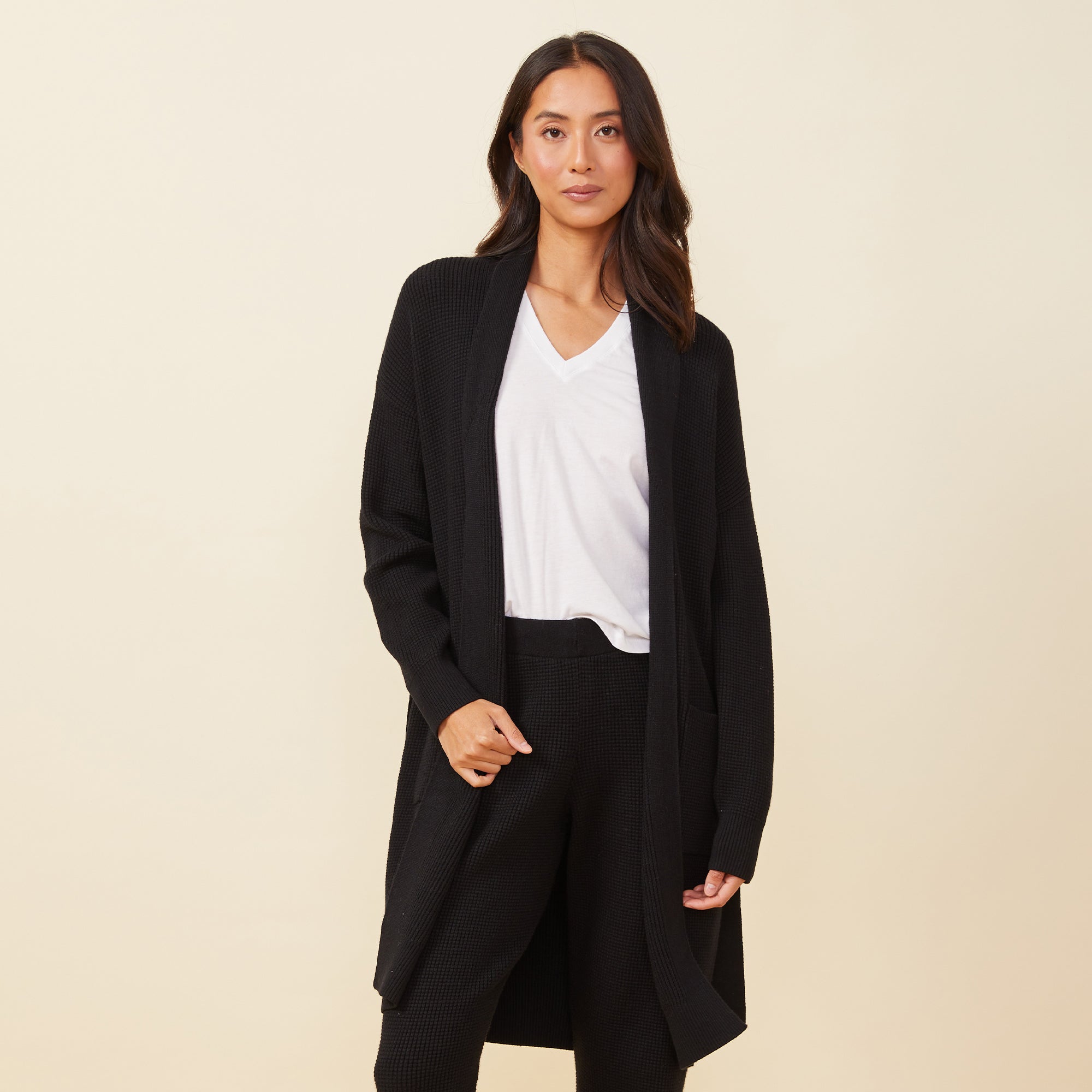 Soft Knit Waffle Long Cardigan | Women | Black