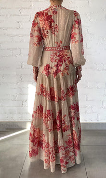 Hemant And Nandita | Aafa Viscose Georgette Stripe Lurex Long Shirt Dress With Tie Up Belt And Slip | Red Beige