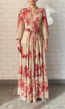 Hemant And Nandita | Aafa Viscose Georgette Gold Lurex Boota Long Dress | Red Beige