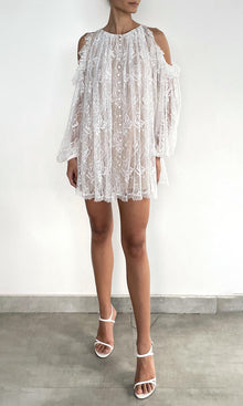 Hemant And Nandita | Adra Nylon Flower Cold Shoulder Ruffle Mini Dress | Off White