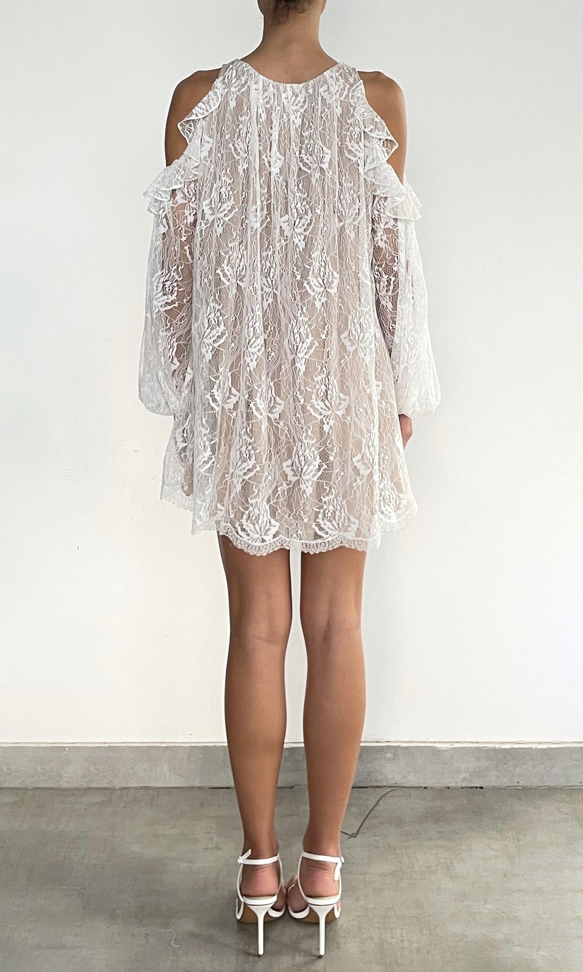 Hemant And Nandita | Adra Nylon Flower Cold Shoulder Ruffle Mini Dress | Off White