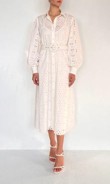 Hemant And Nandita | Adya Cotton Schiffli Midi Shirt Dress | White
