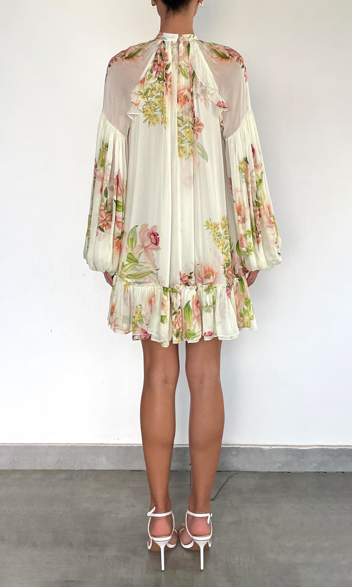 Hemant And Nandita | Aiva Viscose Flat Chiffon Ruffle Mini Dress With Tie Up Belt | Ivory Floral
