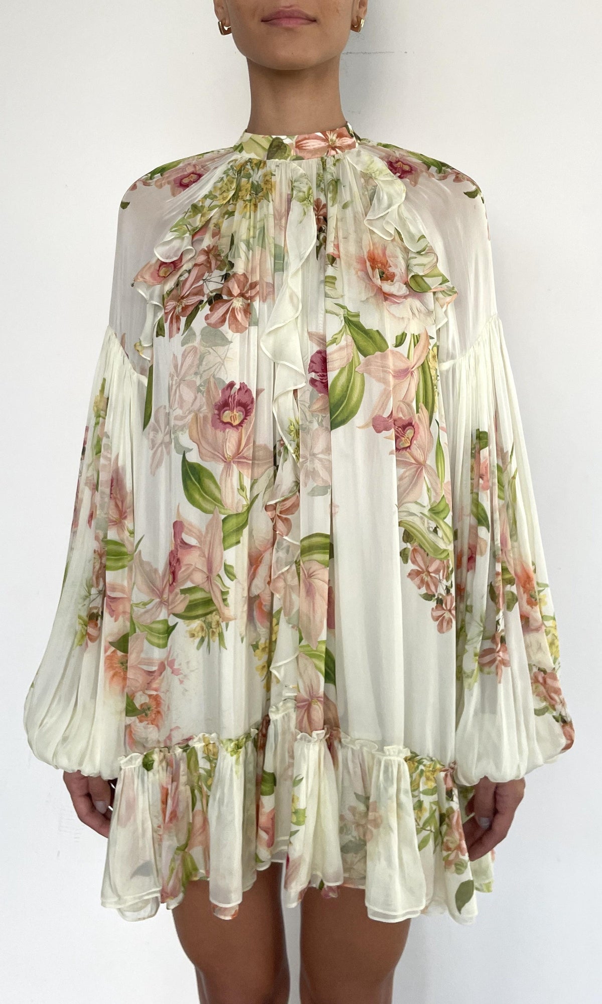 Hemant And Nandita | Aiva Viscose Flat Chiffon Ruffle Mini Dress With Tie Up Belt | Ivory Floral