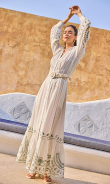 Hemant And Nandita | Alya Cotton Slub Long Dress With Buckle Belt And Slip | Off White