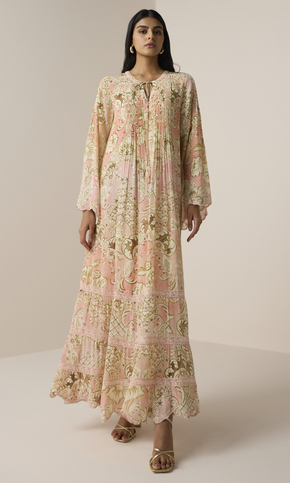 Hemant And Nandita | Anah Viscose Natural Crepe Maxi Tiered Dress | Peach