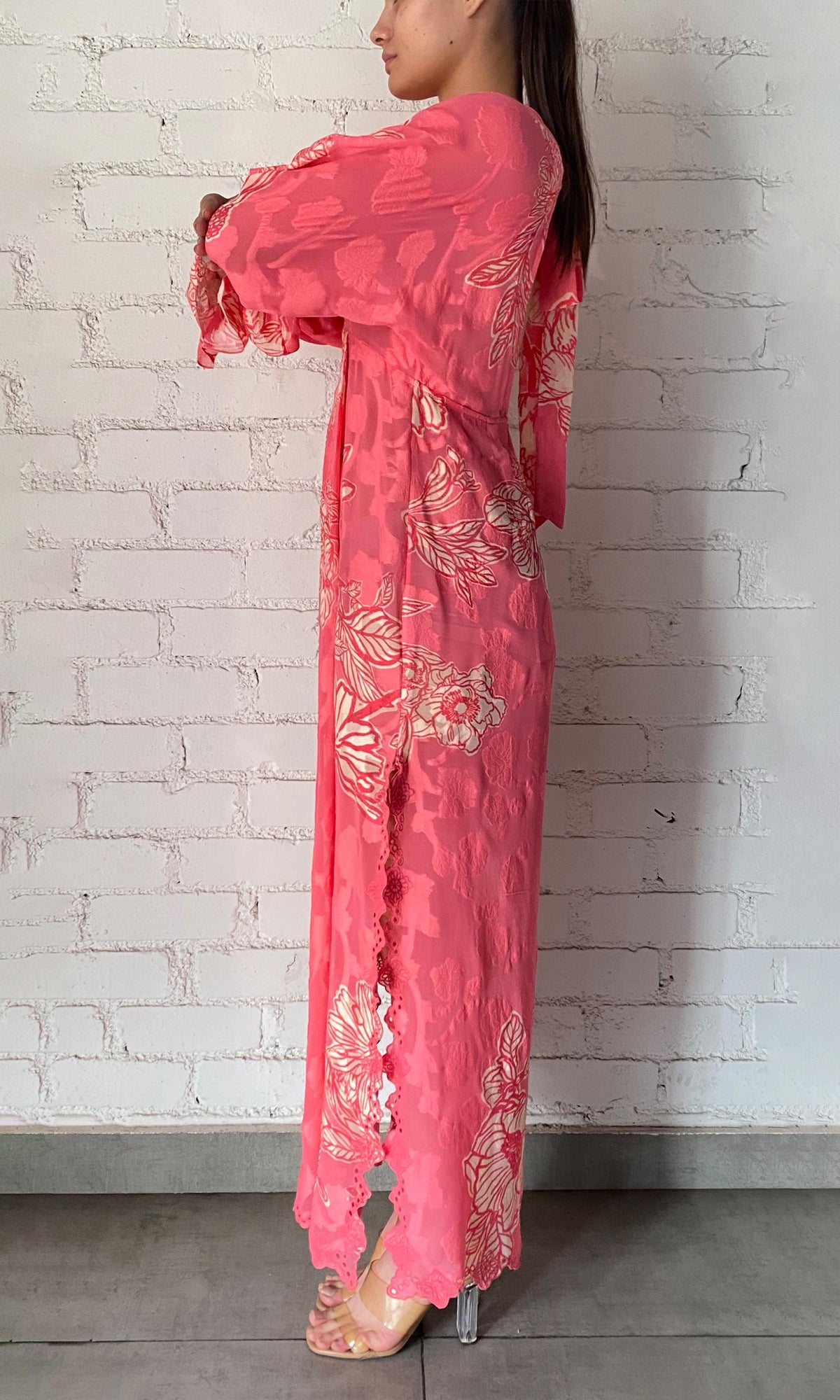 Womens | Asha Viscose Flower Jacquard Kaftan | Pink