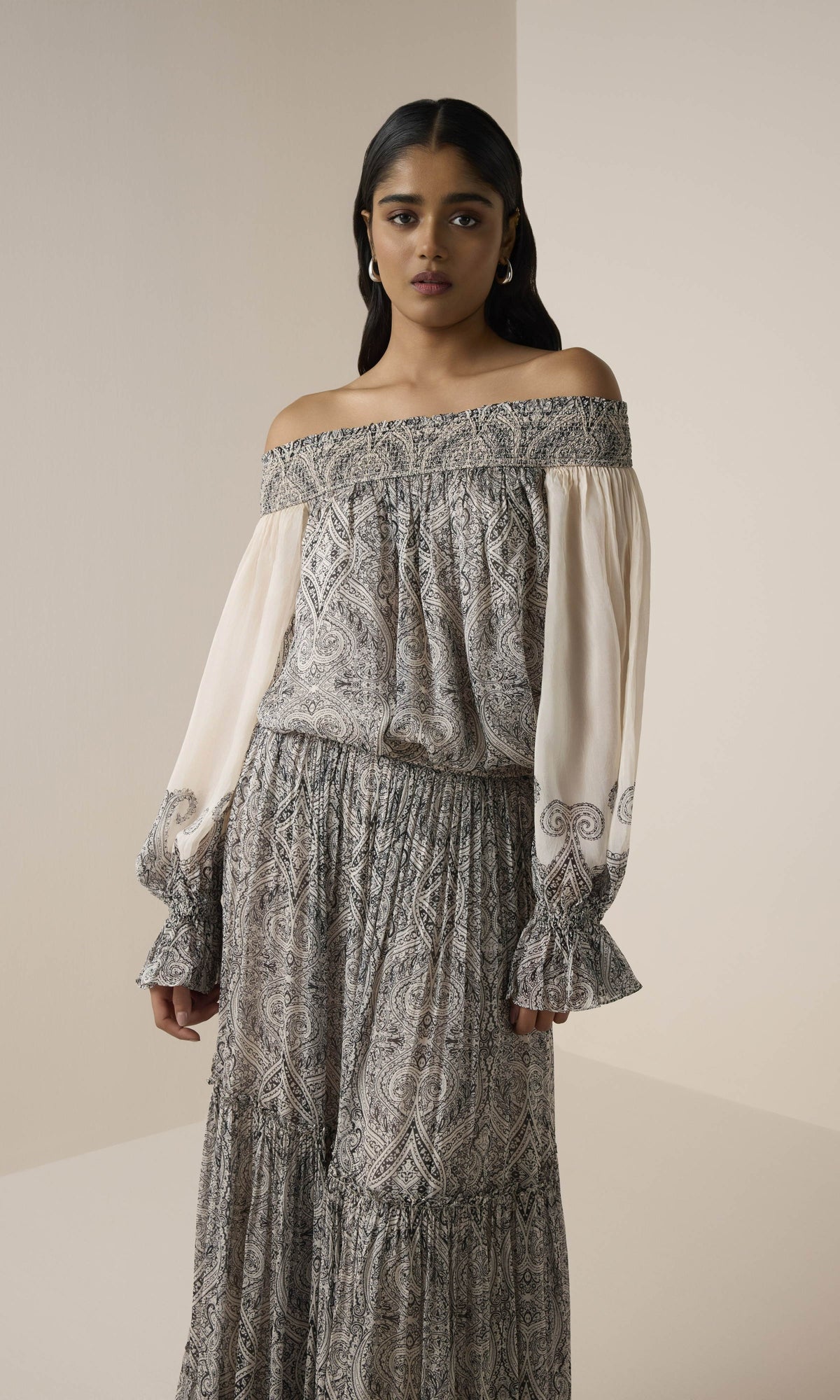 Womens | Chavi Viscose Flat Chiffon Tiered Maxi Skirt | Eggshell