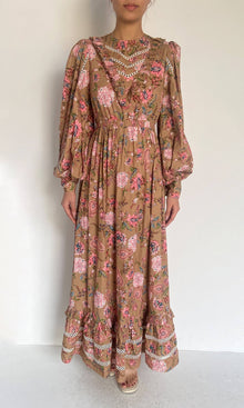 Hemant And Nandita | Fara Cotton Poplin Long Dress | Brown
