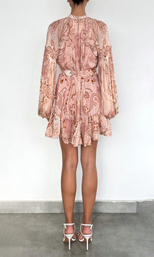 Womens | Fiza Viscose Flat Chiffon Ruffle Mini Dress With Tie Up Belt | Pink White