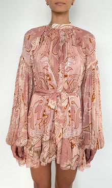 Womens | Fiza Viscose Flat Chiffon Ruffle Mini Dress With Tie Up Belt | Pink White