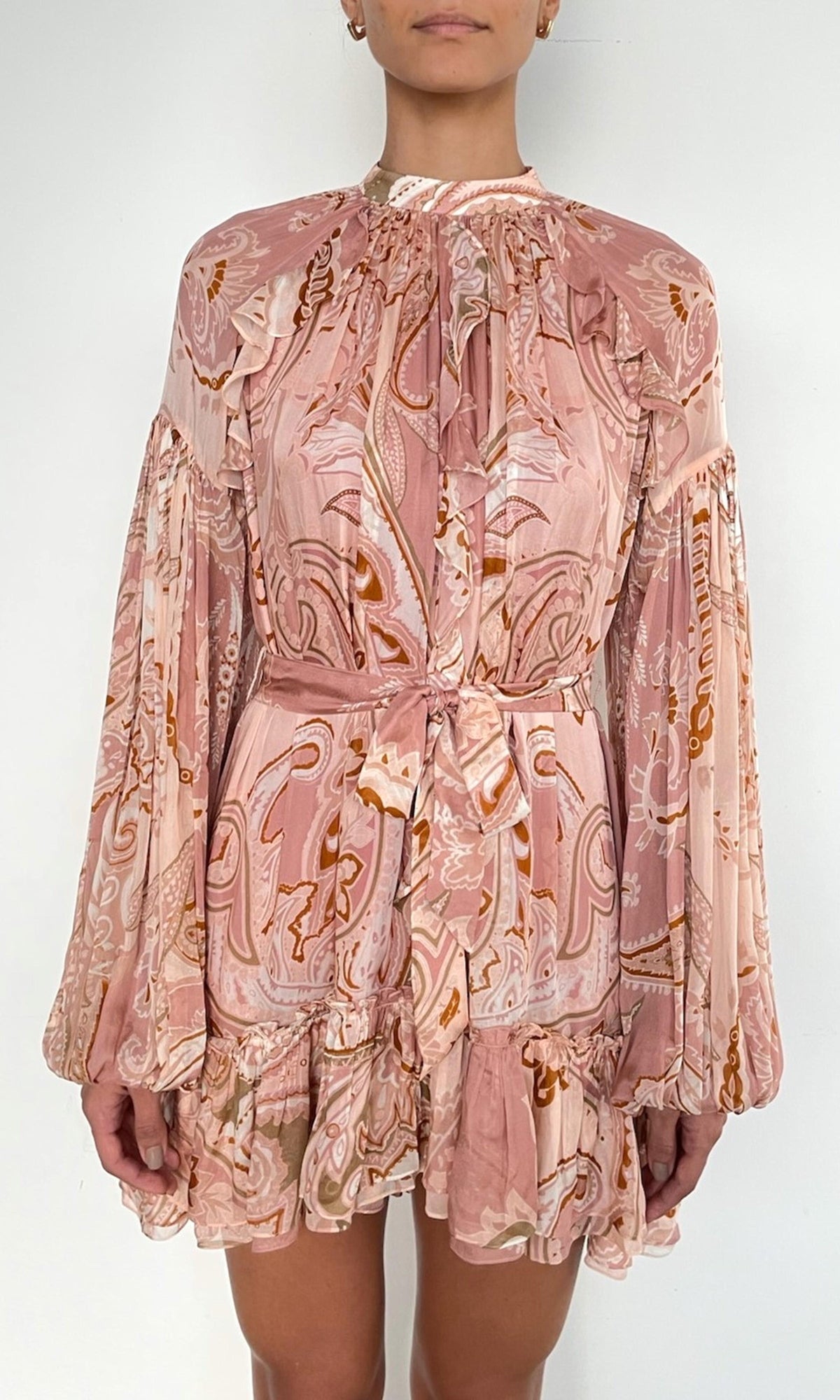 Womens | Fiza Viscose Flat Chiffon Ruffle Mini Dress With Tie Up Belt | Pink White