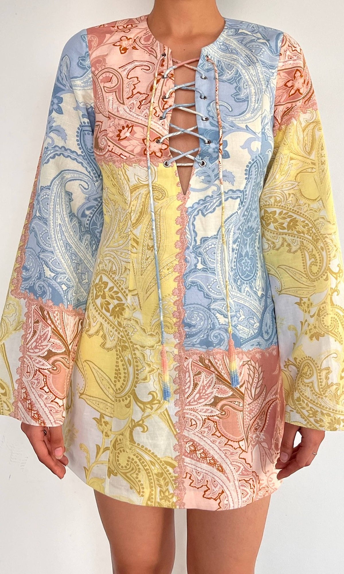 Womens | Fiza Linen Cotton Patch Mini Dress | Multi