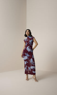Hemant And Nandita | Hiba Viscose Georgette Jacquard Long Dress | Merlot