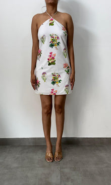 Hemant And Nandita | Inv Cotton Poplin Halter Neck Short Dress | White Print