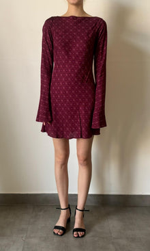 Hemant And Nandita | Inv Viscose Satin Flared Sleeve Short Dress | Burgandy