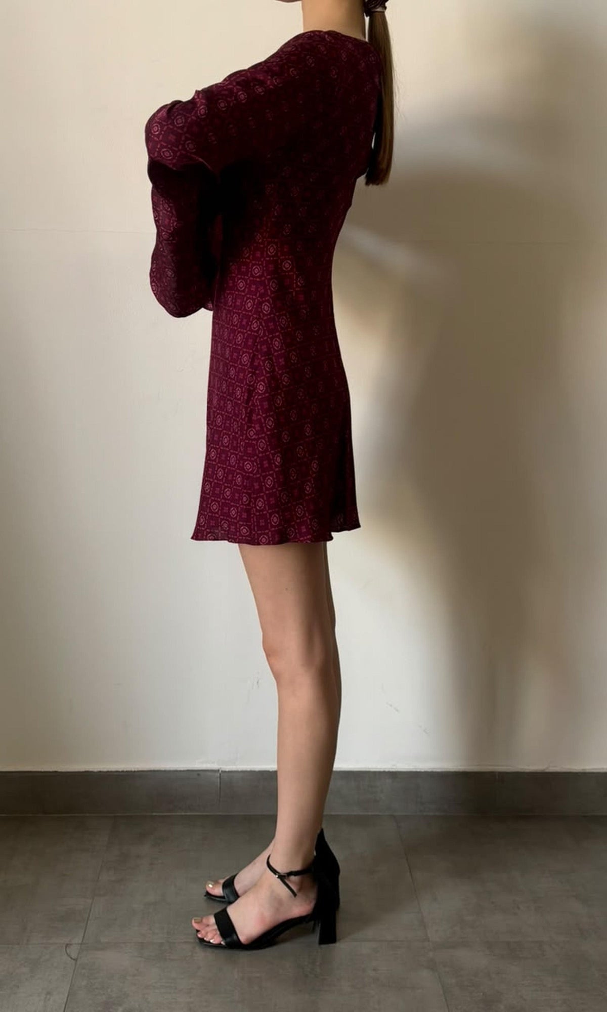 Hemant And Nandita | Inv Viscose Satin Flared Sleeve Short Dress | Burgandy