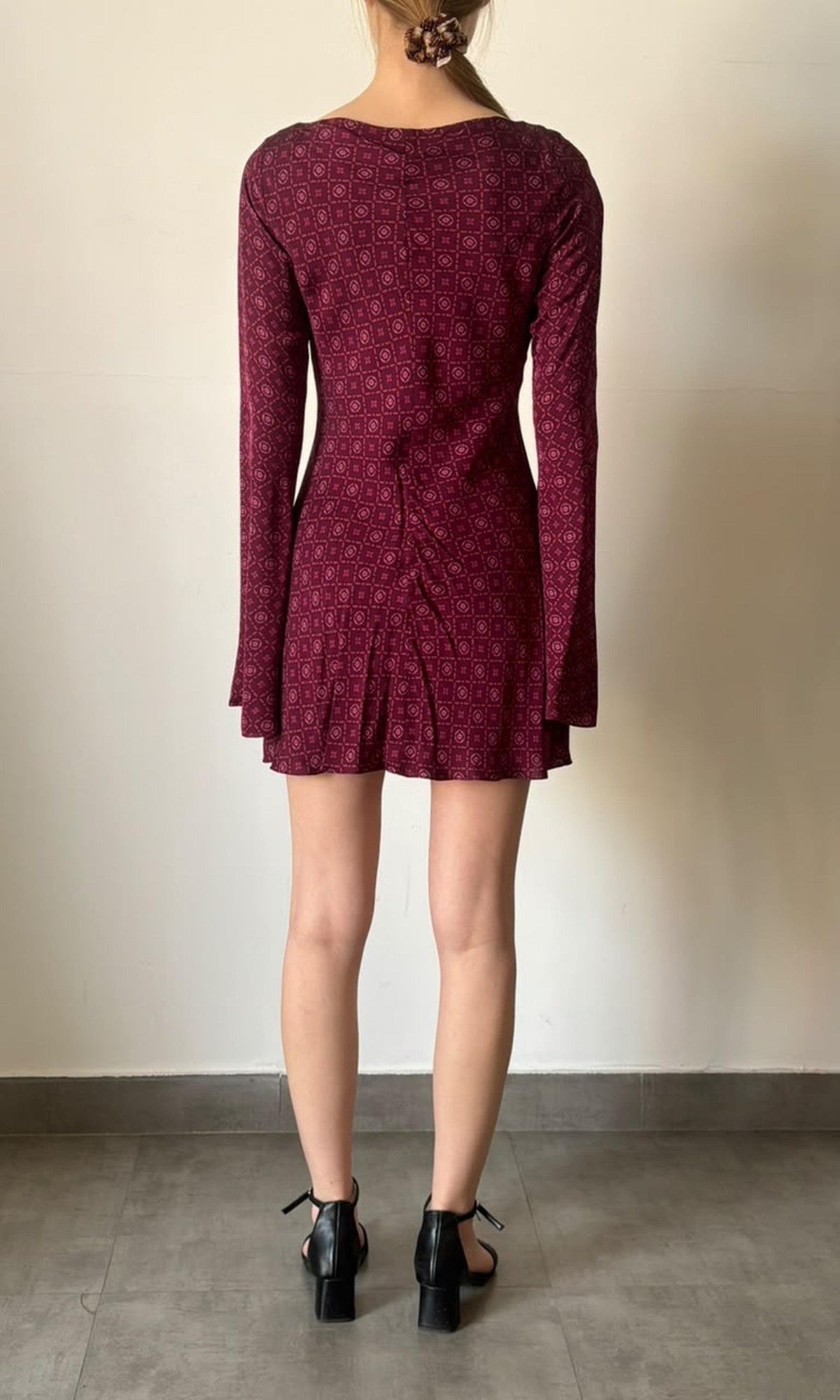 Hemant And Nandita | Inv Viscose Satin Flared Sleeve Short Dress | Burgandy