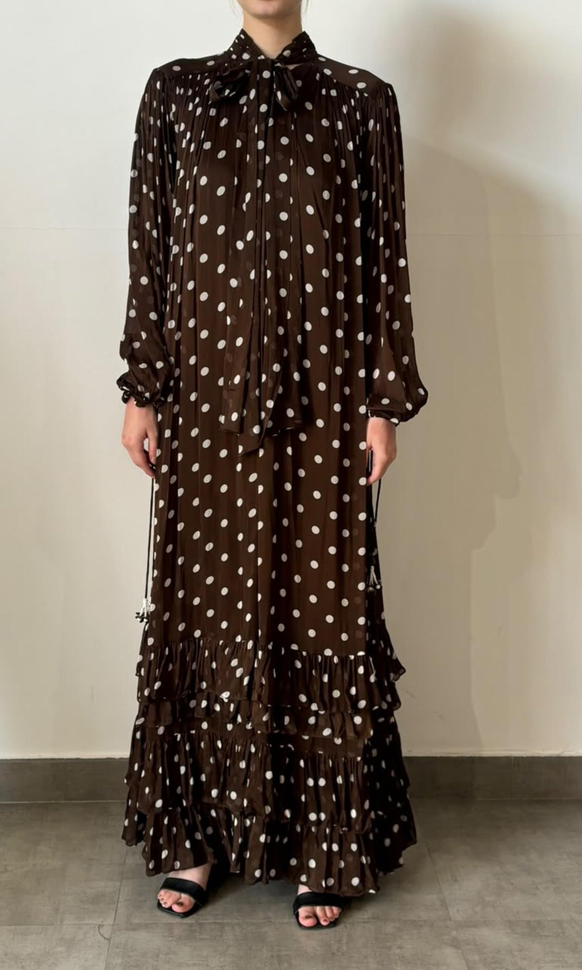 Womens | Inv Viscose Flat Chiffone Polka Dot Print Long Dress | Dark Brown