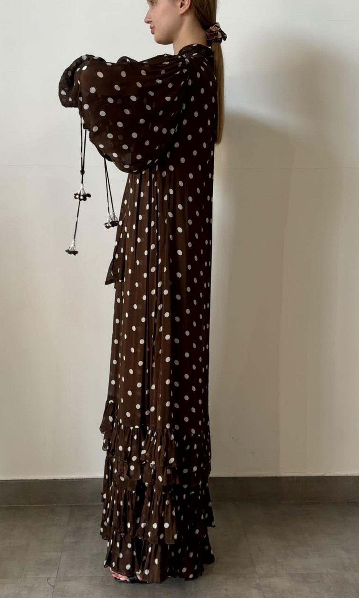 Womens | Inv Viscose Flat Chiffone Polka Dot Print Long Dress | Dark Brown