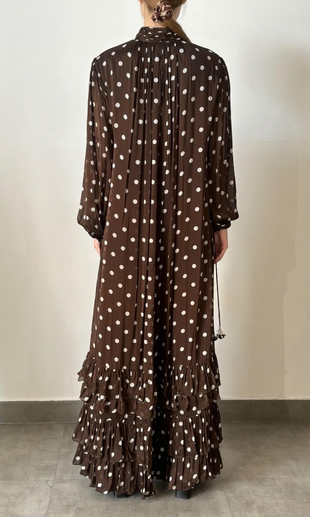 Womens | Inv Viscose Flat Chiffone Polka Dot Print Long Dress | Dark Brown