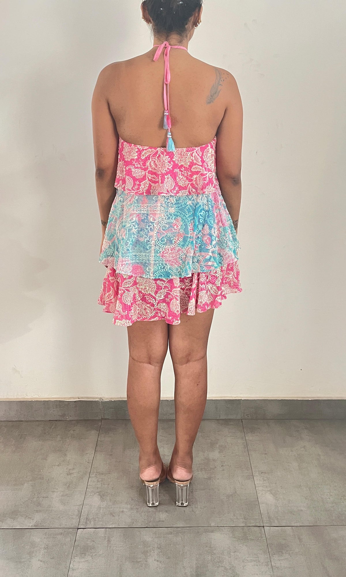 Hemant And Nandita | Inv Georgtte Schiffli Short Dress | Pink Blue