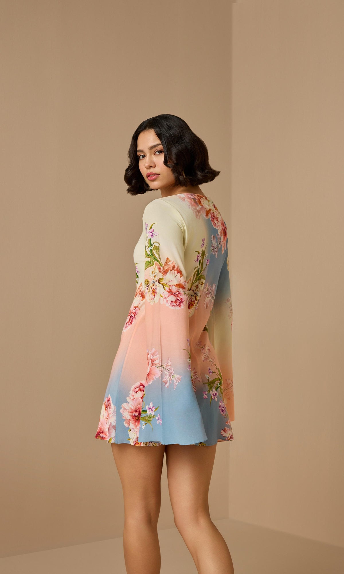 Hemant And Nandita | Kavi Viscose Crepe Heavy Short Dress | Blue Ivory