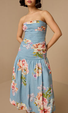 Hemant And Nandita | Kavi Linen Cotton Ruched Midi Dress | Pink Blue Multi