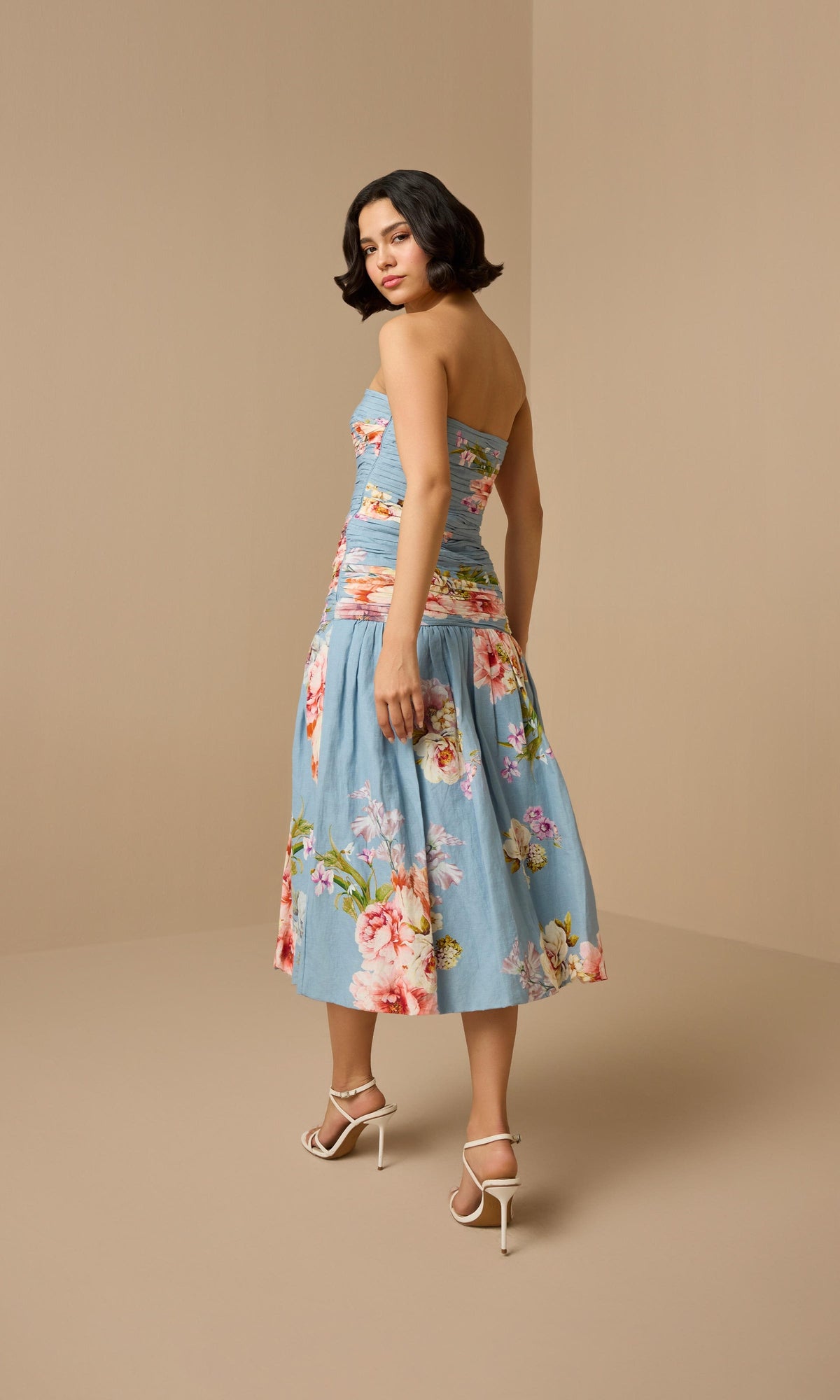 Hemant And Nandita | Kavi Linen Cotton Ruched Midi Dress | Pink Blue Multi