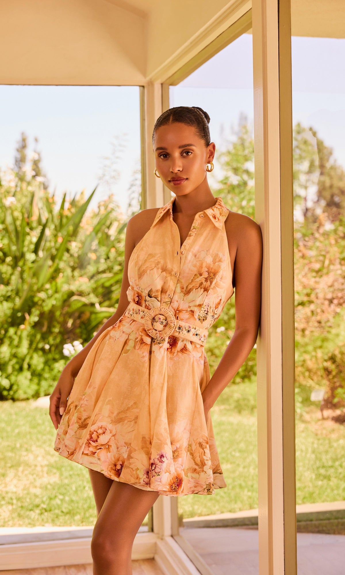 Hemant And Nandita | Kavi Linen Cotton Short Dress With Buckle Belt | Peach Pink
