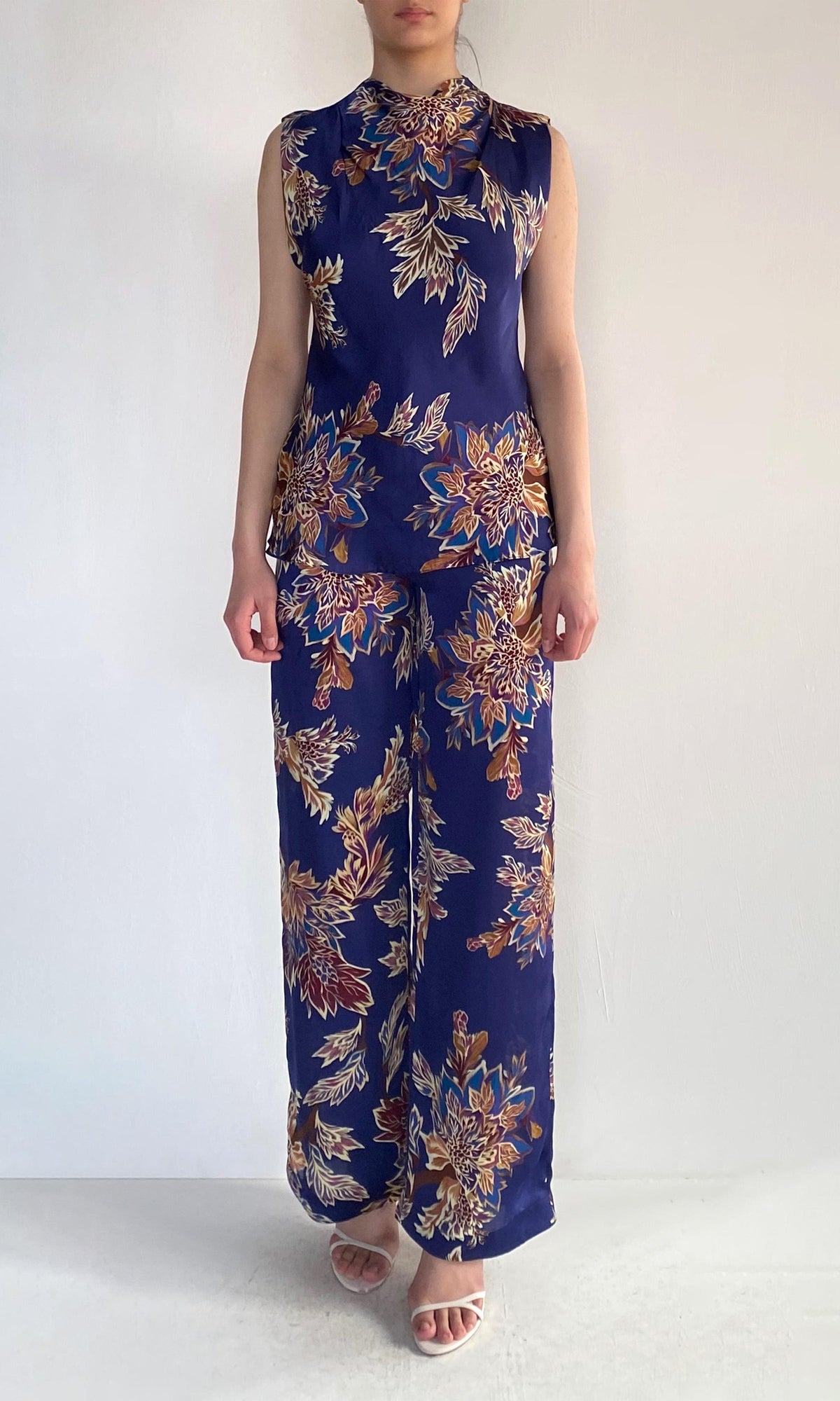 Hemant And Nandita | Leela Viscose Satin Cowl Sleeveless Top | Midnight Blue