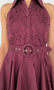 Hemant And Nandita | Mahi Cotton Schiffli Collared Sleeveless Short Dress With Buckle Belt | Burgundy